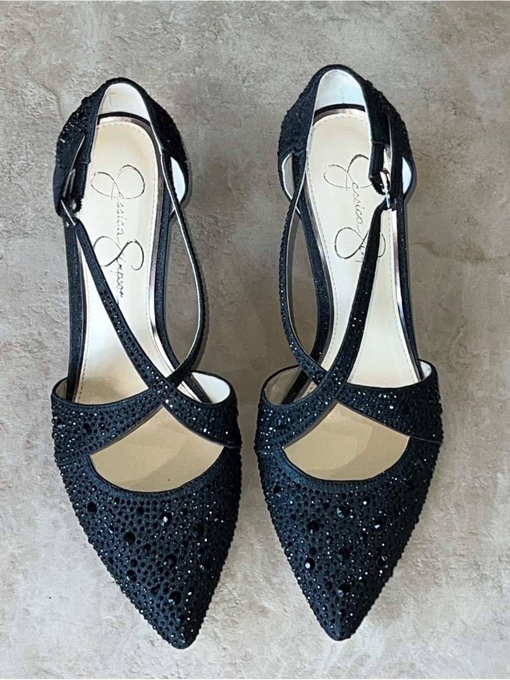 Jessica Simpson Black Crystal Ankle Strap Evening Pumps Formal Heels Size 8